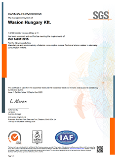 Certificate ISO 14001 Wasion Hungary Kft.